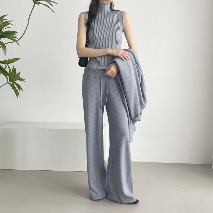 Ribbed Knit Turtleneck Tank Top & Open Front Cardigan & Drawstring Waist Wide Leg Pants Set