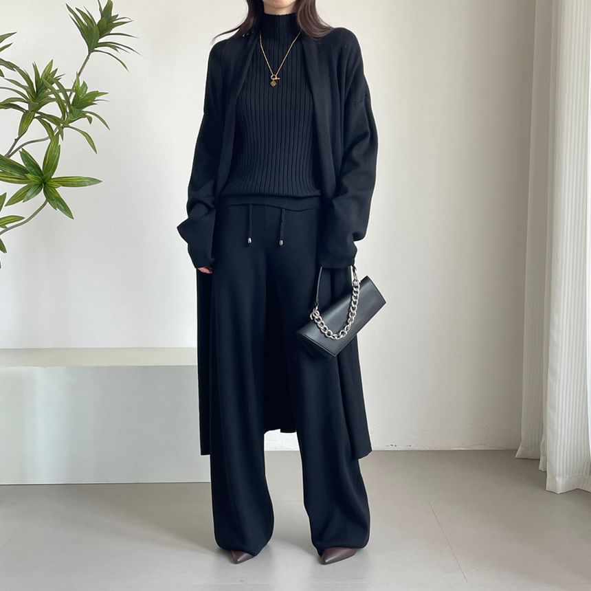 Ribbed Knit Turtleneck Tank Top & Open Front Cardigan & Drawstring Waist Wide Leg Pants Set