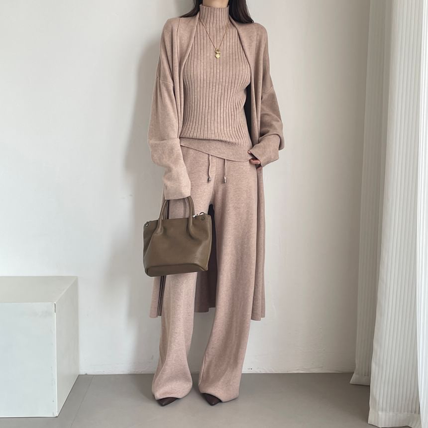 Ribbed Knit Turtleneck Tank Top & Open Front Cardigan & Drawstring Waist Wide Leg Pants Set