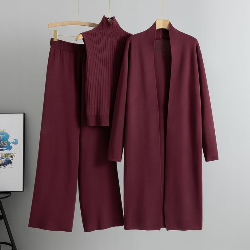 Ribbed Knit Turtleneck Tank Top & Open Front Cardigan & Drawstring Waist Wide Leg Pants Set