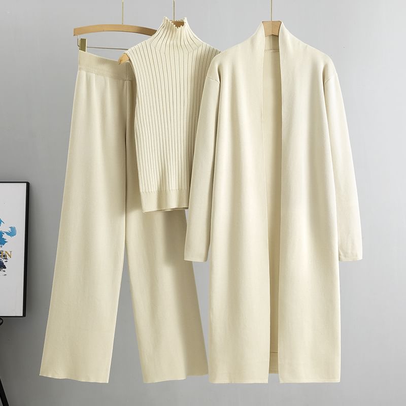 Ribbed Knit Turtleneck Tank Top & Open Front Cardigan & Drawstring Waist Wide Leg Pants Set