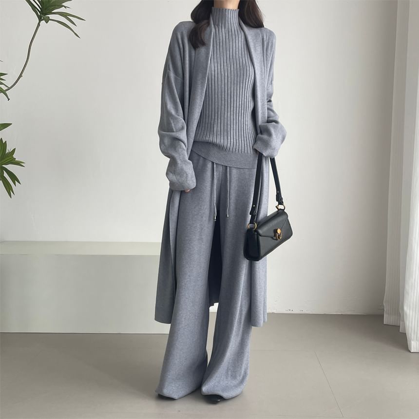 Ribbed Knit Turtleneck Tank Top & Open Front Cardigan & Drawstring Waist Wide Leg Pants Set