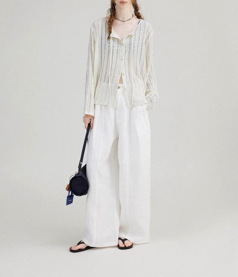 Plain Lace-Up Ribbed Cardigan