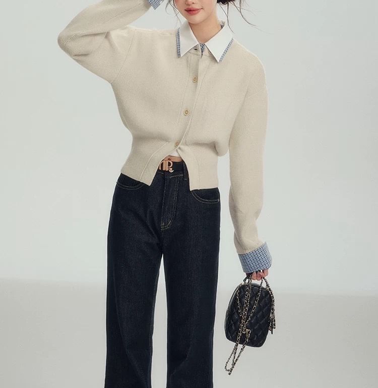 Collar Plain Mock Two-Piece Cardigan