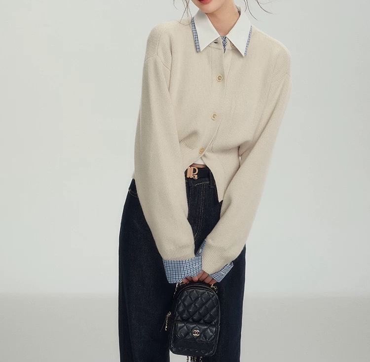 Collar Plain Mock Two-Piece Cardigan