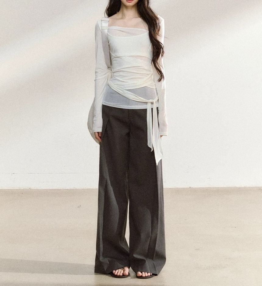 Long-Sleeve Asymmetrical Neck Plain Tie Waist Tee / High Rise Wide Leg Pants