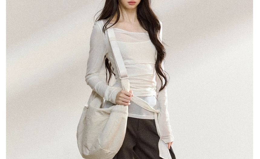Long-Sleeve Asymmetrical Neck Plain Tie Waist Tee / High Rise Wide Leg Pants