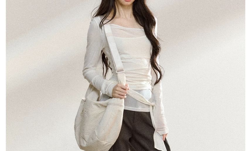 Long-Sleeve Asymmetrical Neck Plain Tie Waist Tee / High Rise Wide Leg Pants