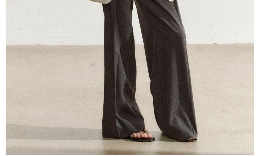 Long-Sleeve Asymmetrical Neck Plain Tie Waist Tee / High Rise Wide Leg Pants