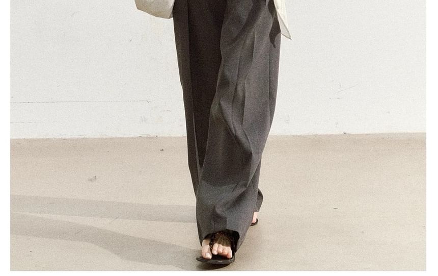 Long-Sleeve Asymmetrical Neck Plain Tie Waist Tee / High Rise Wide Leg Pants