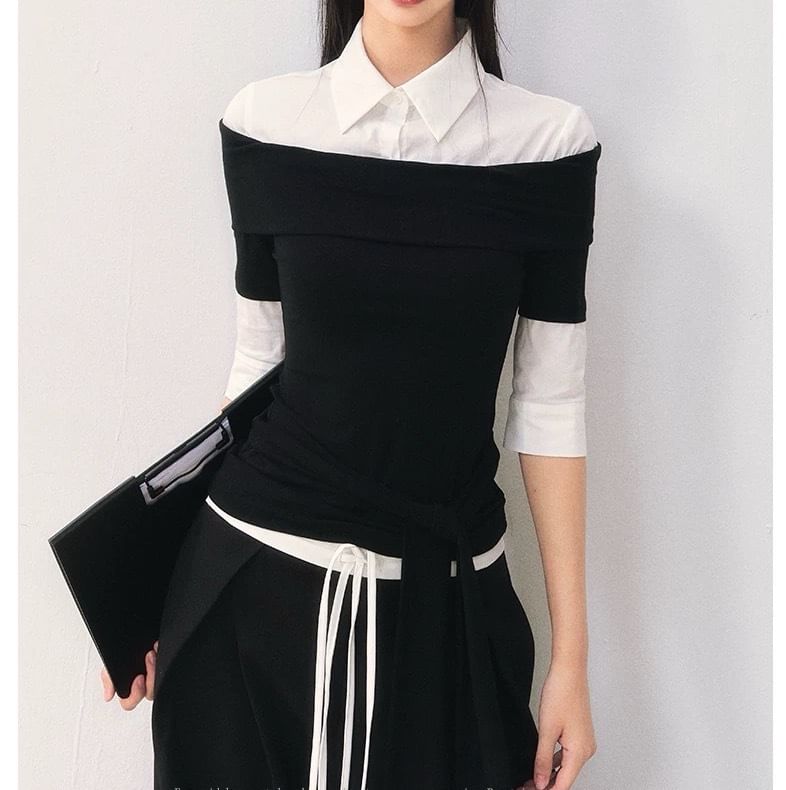 Elbow-Sleeve Collar Two Tone Mock Two-Piece T-Shirt