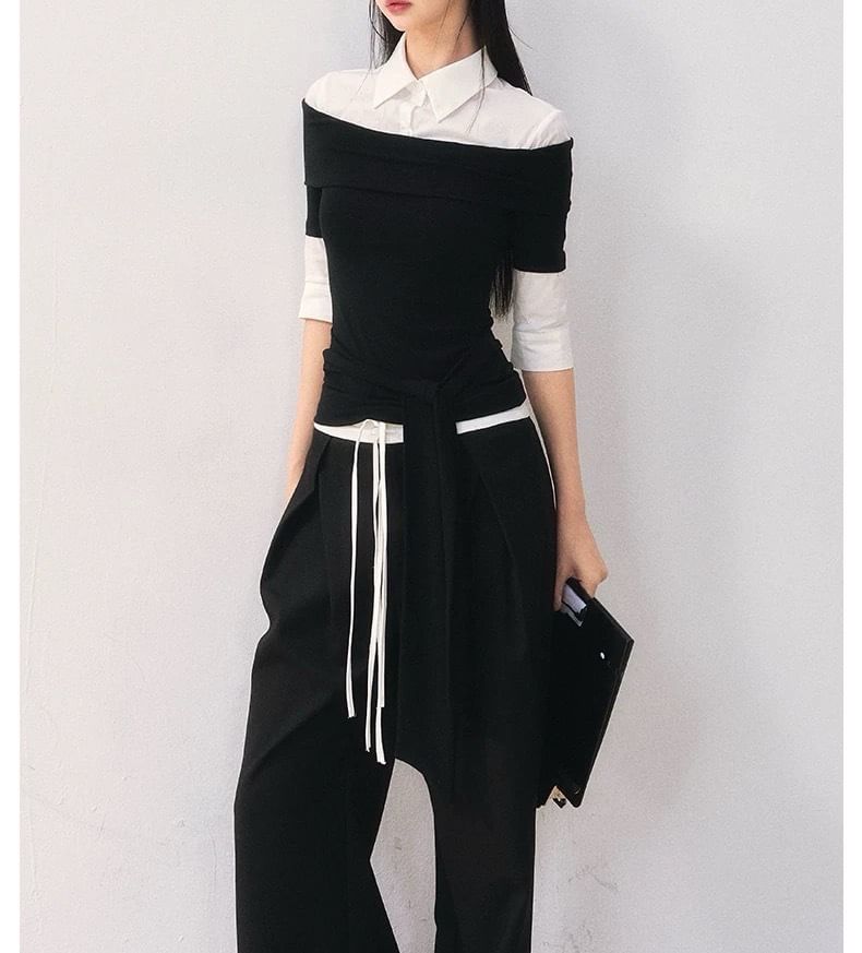 Elbow-Sleeve Collar Two Tone Mock Two-Piece T-Shirt