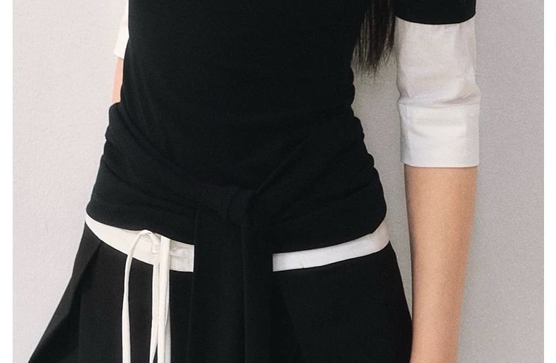 Elbow-Sleeve Collar Two Tone Mock Two-Piece T-Shirt