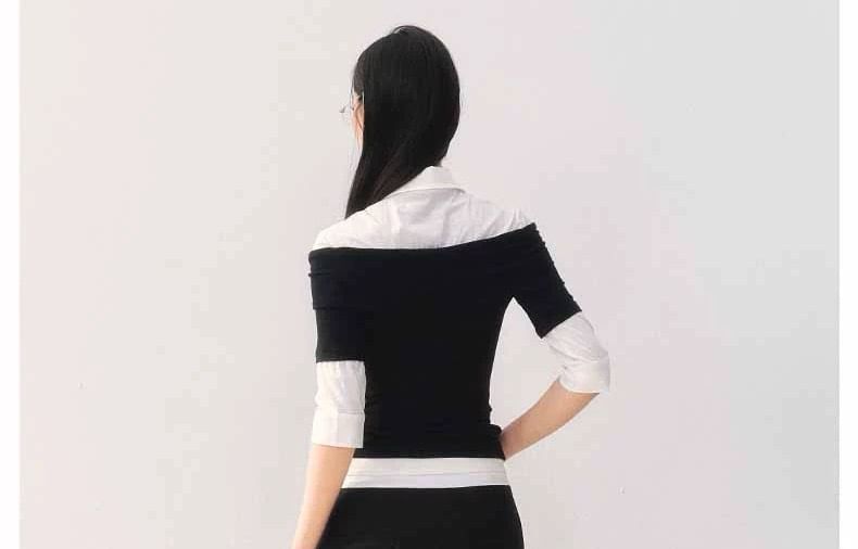 Elbow-Sleeve Collar Two Tone Mock Two-Piece T-Shirt