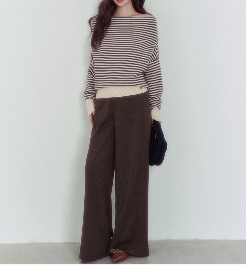 Off-Shoulder Striped Sweater / Mid Waist Plain Wide Leg Pants