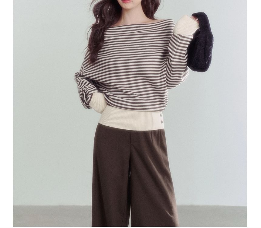 Off-Shoulder Striped Sweater / Mid Waist Plain Wide Leg Pants