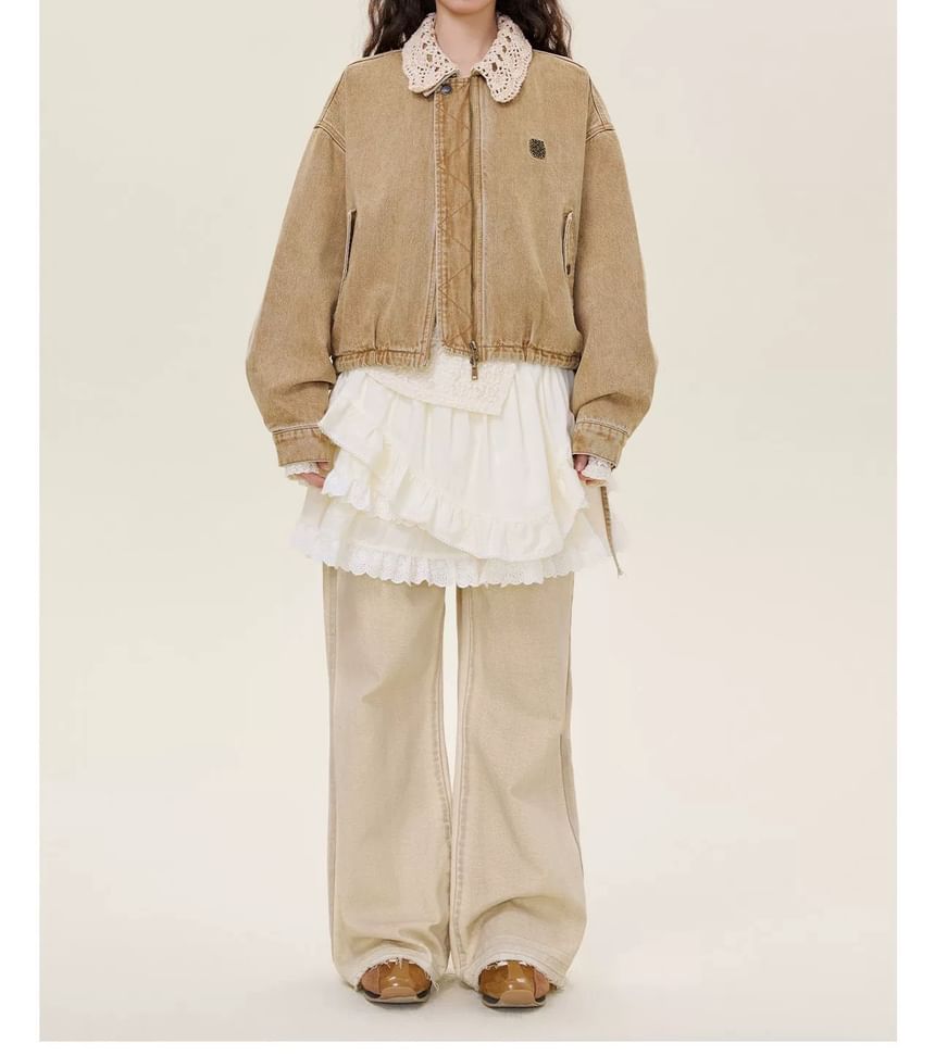 Drop-Shoulder Washed Denim Zip Jacket