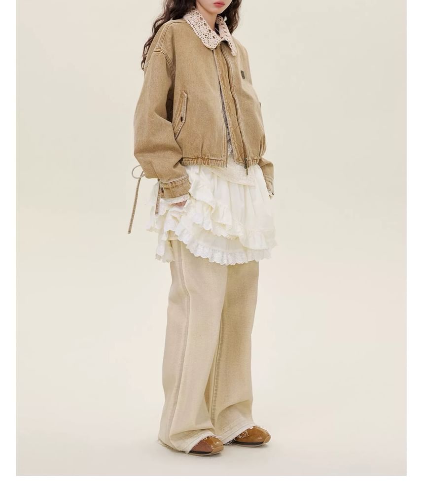 Drop-Shoulder Washed Denim Zip Jacket