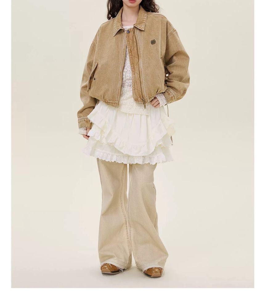 Drop-Shoulder Washed Denim Zip Jacket