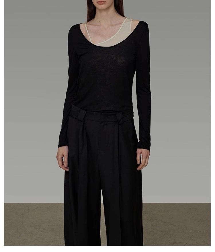 Set: Asymmetrical Neck Plain Tank Top + Long-Sleeve Scoop Neck Tee