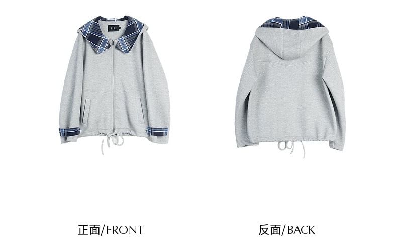 Plain Plaid Panel Hooded Zip Jacket