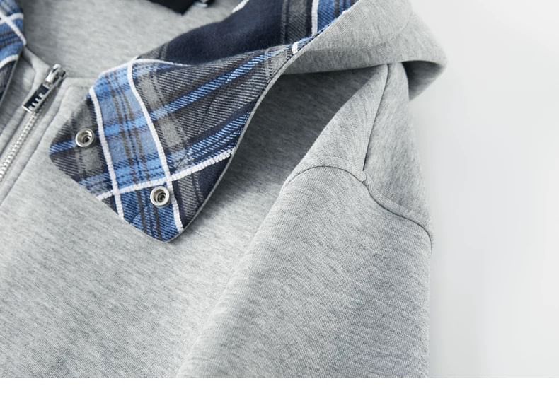 Plain Plaid Panel Hooded Zip Jacket