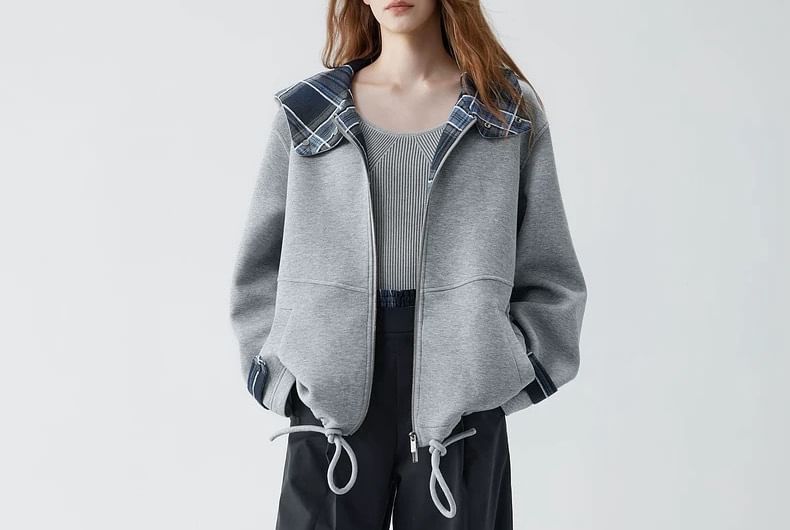 Plain Plaid Panel Hooded Zip Jacket
