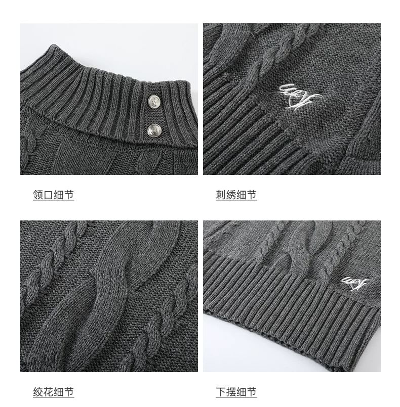 Elbow-Sleeve Turtleneck Plain Cable-Knit Sweater / High Waist Mini A-Line Skirt