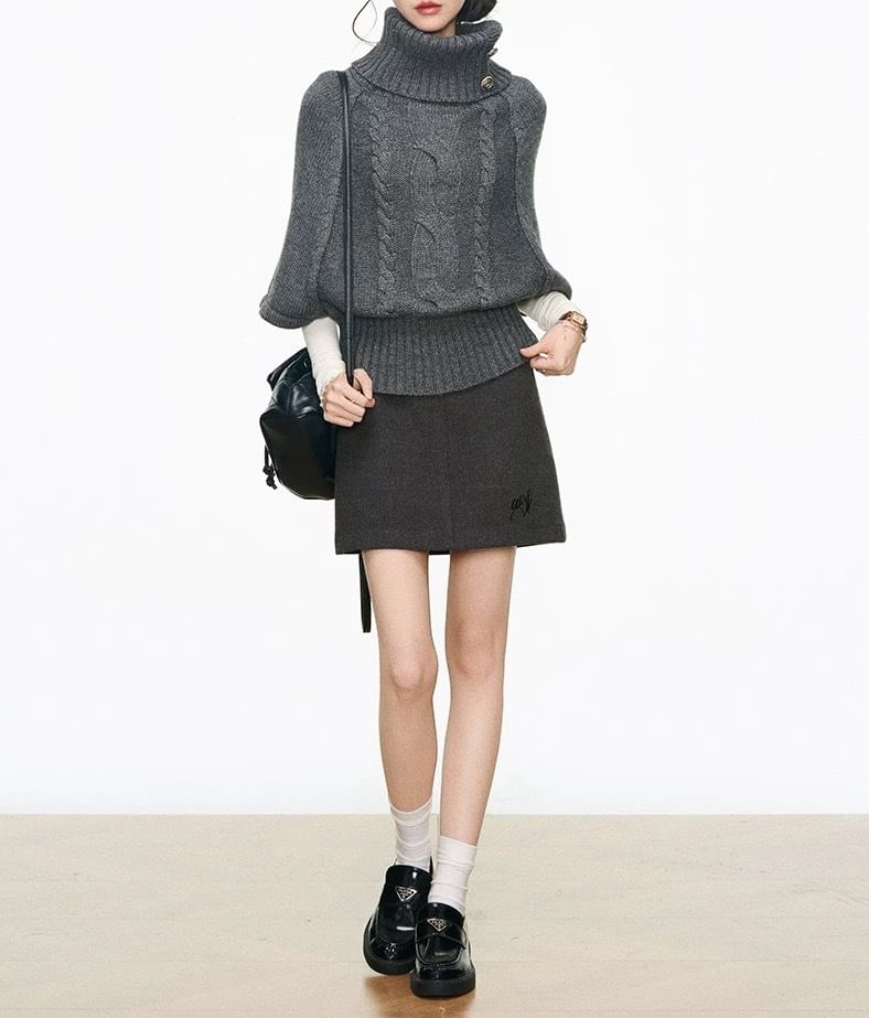 Elbow-Sleeve Turtleneck Plain Cable-Knit Sweater / High Waist Mini A-Line Skirt