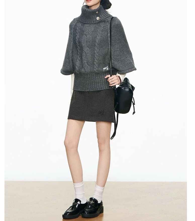 Elbow-Sleeve Turtleneck Plain Cable-Knit Sweater / High Waist Mini A-Line Skirt