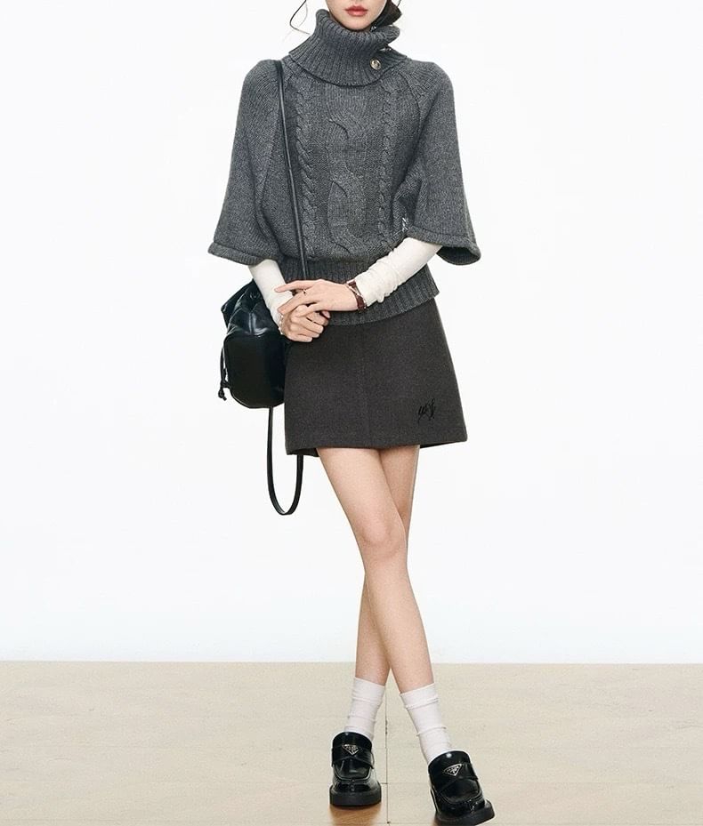 Elbow-Sleeve Turtleneck Plain Cable-Knit Sweater / High Waist Mini A-Line Skirt