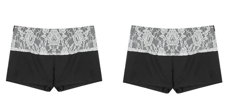 V-Neck Plain Contrast Trim Pointelle Knit Sweater / Low Rise Lace Trim Hot Pants