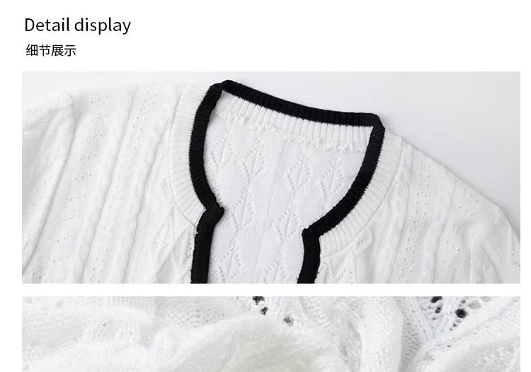 V-Neck Plain Contrast Trim Pointelle Knit Sweater / Low Rise Lace Trim Hot Pants