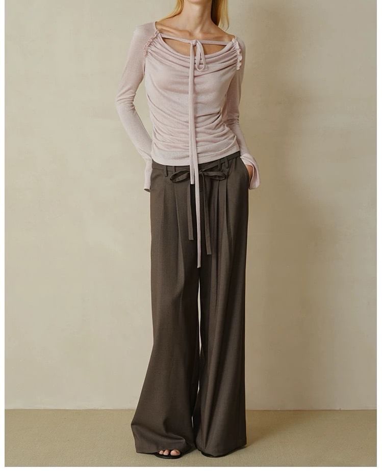 Long-Sleeve Cowl Neck Plain Ruched T-Shirt