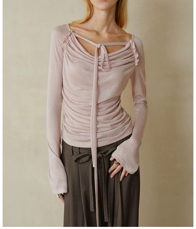 Long-Sleeve Cowl Neck Plain Ruched T-Shirt