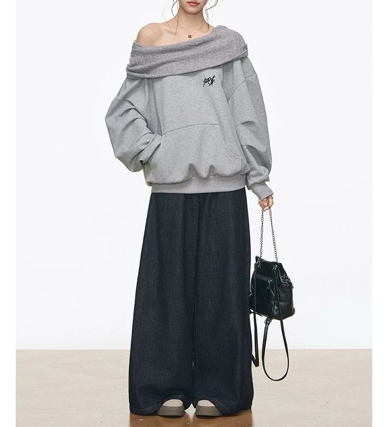 One-Shoulder Lettering Oversized Hoodie / High Waist Wide Leg Jeans