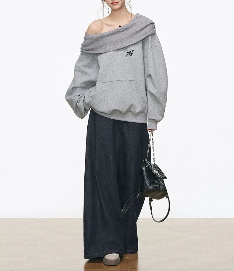 One-Shoulder Lettering Oversized Hoodie / High Waist Wide Leg Jeans