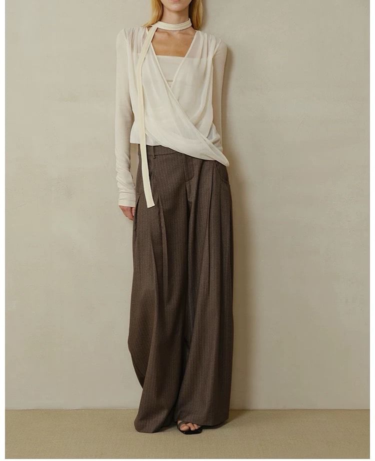 Long-Sleeve V-Neck Plain Mock Two-Piece Knit Top / Mid Rise Striped Wide Leg Pants