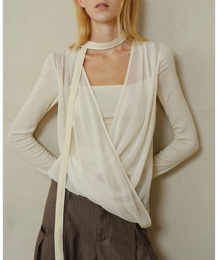 Long-Sleeve V-Neck Plain Mock Two-Piece Knit Top / Mid Rise Striped Wide Leg Pants