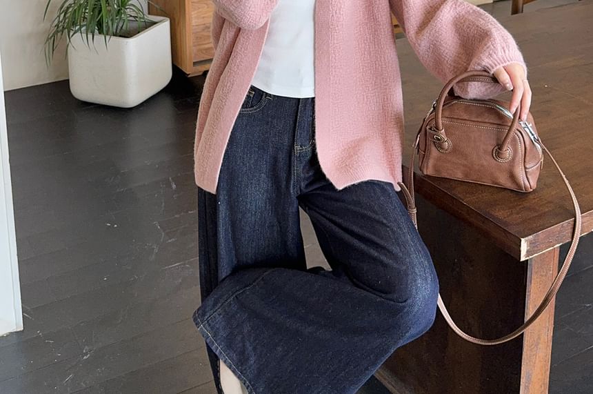 Textured Open Front Plain Knit Cardigan