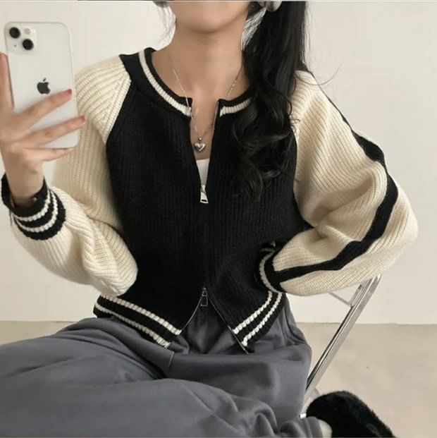 Two Tone Zip Front Cardigan