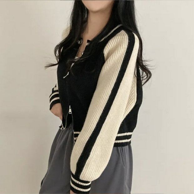 Two Tone Zip Front Cardigan