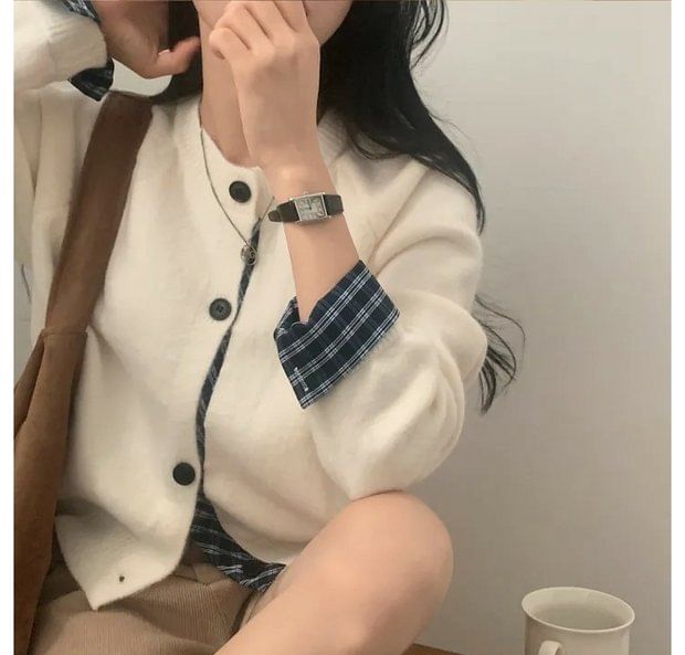 Plaid Trim Crewneck Button Cardigan