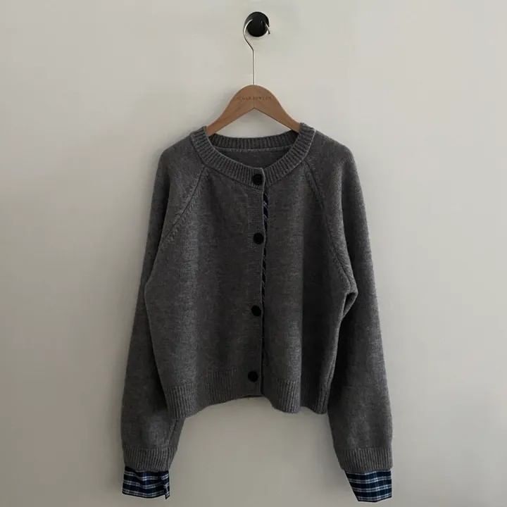 Plaid Trim Crewneck Button Cardigan