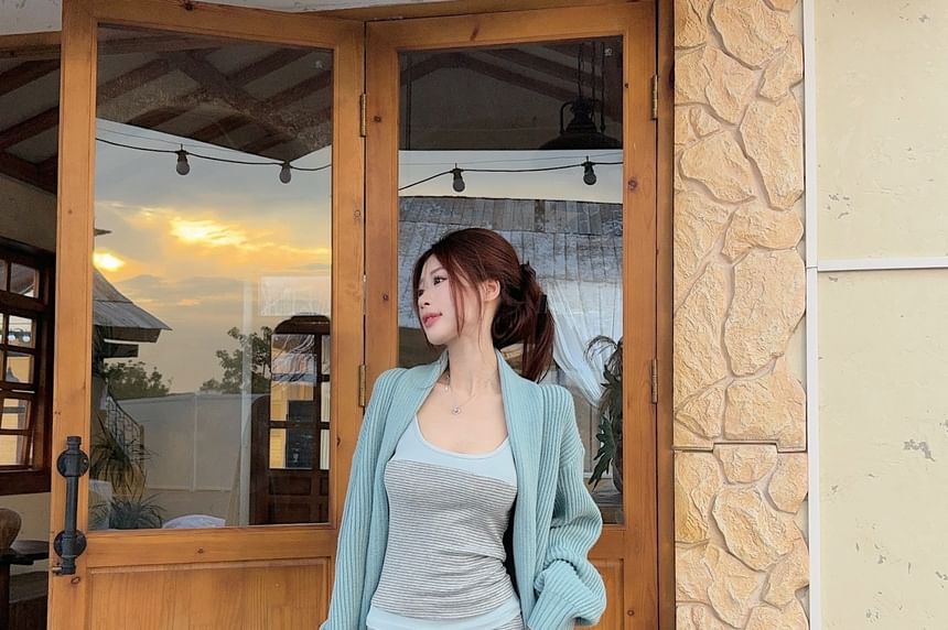 Ribbed Open Front Cardigan & Striped Panel Camisole Top & Drawstring Waist Flared Pants Set