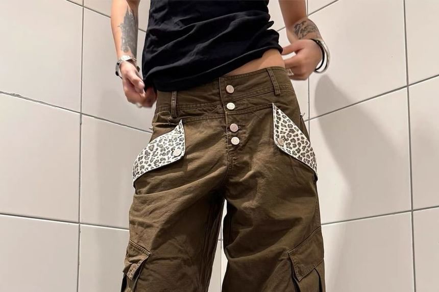 High Waist Leopard Pocket Wide Leg Cargo Pants