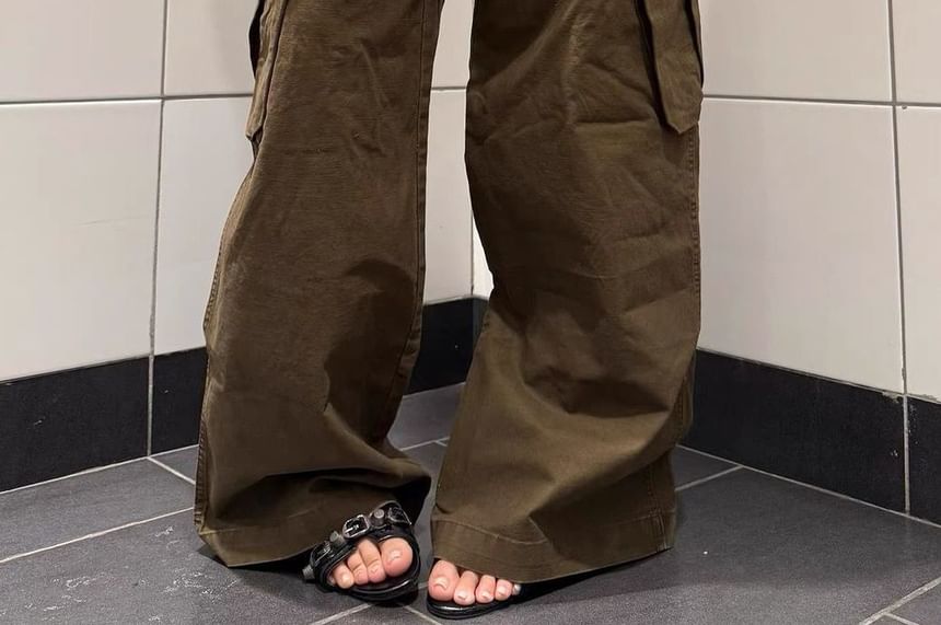 High Waist Leopard Pocket Wide Leg Cargo Pants
