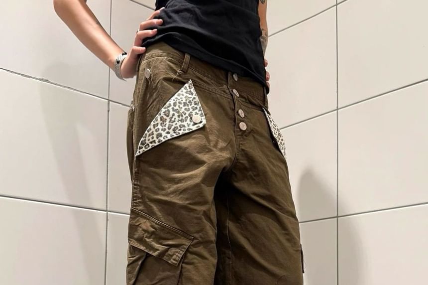 High Waist Leopard Pocket Wide Leg Cargo Pants