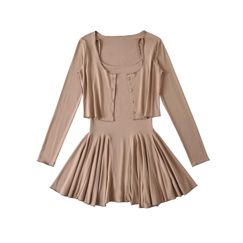 Spaghetti Strap Plain Mini A-Line Dress & Round Neck Crop Cardigan Set