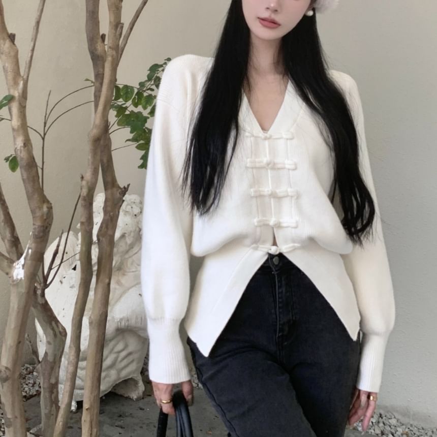 Frog Buttoned V-Neck Plain Cardigan